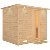 Karibu Sauna Sonara - Massivholzsauna mit Fronteinstieg 40 mm-Ohne Ofen-inkl. Dachkranz- Energiesparende Saunatür