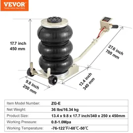 Vevor Pneumatischer Wagenheber Air Jack 3 t, Weiß Dreifachbeutel-Luftheber 140-450 mm Hubhöhe Airbag Luftwagenheber mit langem Griff, 5 Minuten Hub Luftheber Wagenheber für SUV, Lkw, Pkw usw.