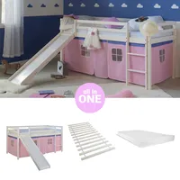 Kinder Hochbett mit Rutsche 90x200 Matratze Vorhang Rosa Bett Holz Homestyle4u