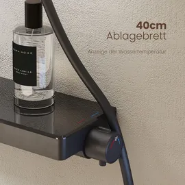EMKE Duschsystem mit Thermostat Duschset mit 40cm Thermostatische Platte, Brausestange, Handbrause mit 4 Strahlstärken,Regendusche mit Armatur, Anthrazit Matt
