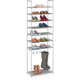 Relaxdays Schuhregal 8 Ebenen, Stecksystem, für 16 Paar Schuhe, 4 Stiefelhaken, Metall & Stoff, Flur Schuhablage, grau, Kunststoff, 186 x 60 x 30 cm