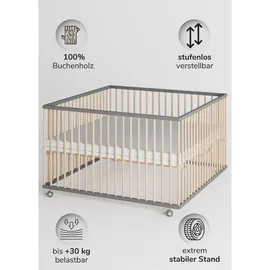 Sämann – make a difference. Laufgitter, Grau, Natur, Holz, Echtholz,Buche, 120x74x120 cm, Babymöbel, Laufstall Baby