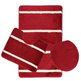 COFI 3-Teilig Bad Garnitur Badematte Badvorleger Wasser absobierend Kleine Streifenmuster rutschfest Rot