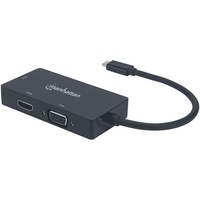 Manhattan USB-C Dock/Hub, Ports (x3): DVI-I, HDMI and VGA Ports, Note: Only One Port can be used at a time, External Power Supply Not Needed, Cable