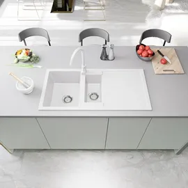 faizee home Granitspüle 2 Becken rechts Einbauspüle weiß Handbetätigung 1000 x 500 mm