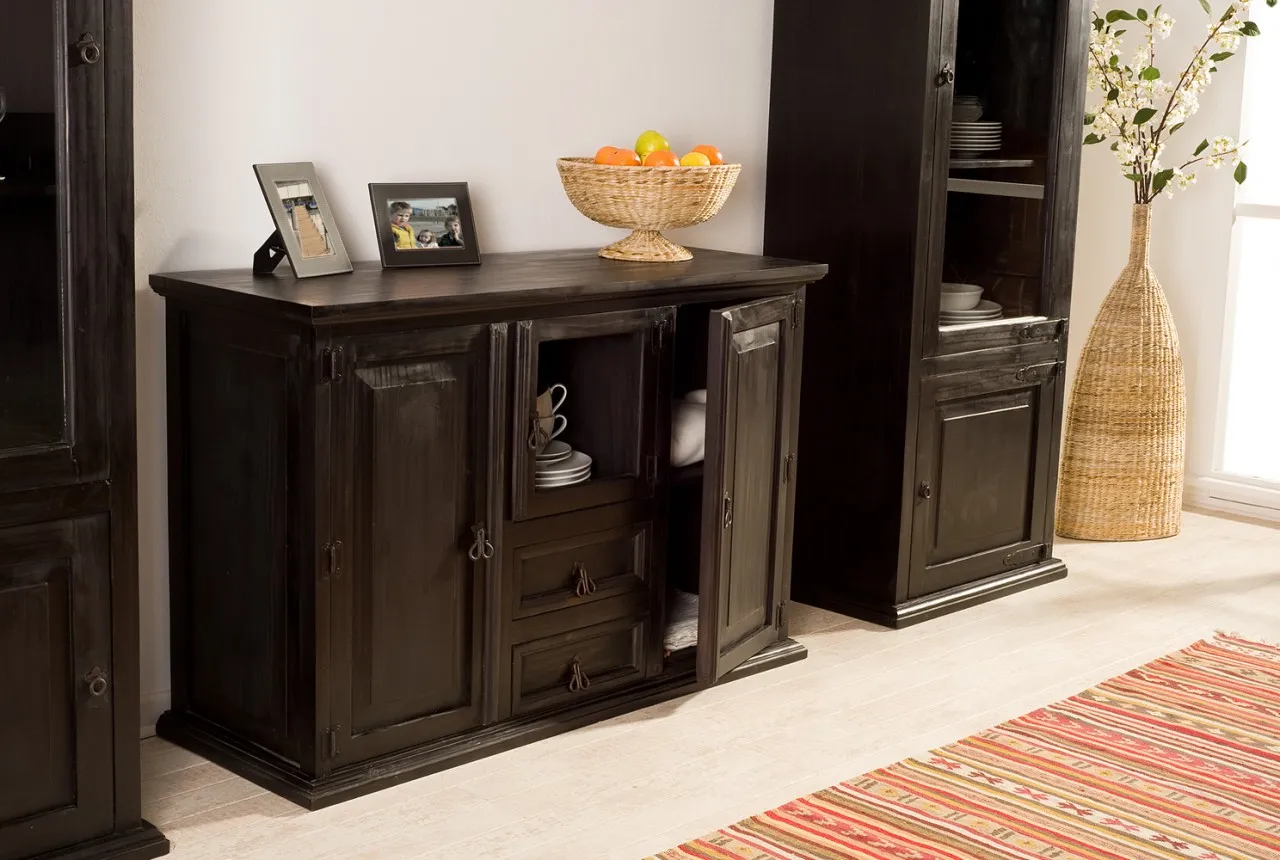 Kolonialstil Sideboard Kommode - schwarz-braun lackiert - wengefarben - Massivholz - mexikanisch