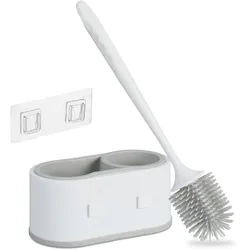 Relaxdays Toilettenbürste mit Wandhalterung, schnelltrocknend, WC-Bürste, Behälter, ohne Bohren, Kunststoff, weiß-grau