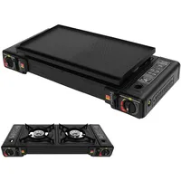 Chynalys Gaskocher 2-Flammig 2×2500W Gaskocher mit Grillplatte, Campingkocher 2 Flammig, Camping Gaskocher 2 Flammig, Überdruckschutzventil, Campingkocher für Töpfe bis 34cm