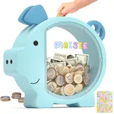 Summidate Sparschwein aus Holz für Jungen, Mädchen, Kinder, Kleinkinder, Erwachsene, groß, unzerbrechlich, Geldwechsel, Spardose für Kinder, personalisiertes Geschenk, Kinderzimmer-Dekoration (blaues