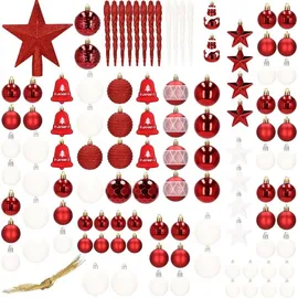 SPRINGOS Weihnachtskugeln Christbaumkugeln Weihnachtsbaum Kugeln 104 Stück Dekoration - Rot / Weiß - Weiß