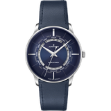 Junghans Meister Worldtimer (Saphirglas)" 027/3010.02 Sonderangebot" - blau, zwei Städteringe um die 24-Stunden-Scheibe,blau - 40,4mm