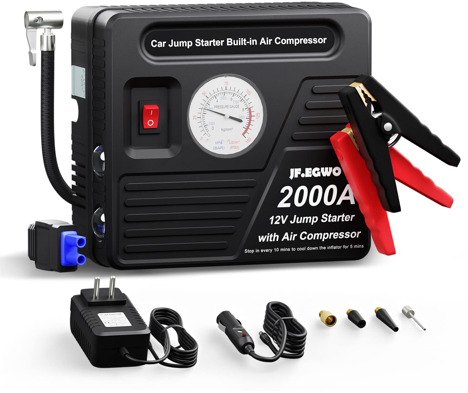 JF.EGWO Auto Starthilfe, 2000A 24800mAh 150PSI Kompressor 12V Auto Starter Powerbank (8,0L Benzin und 6L Dieselmotoren), Starthilfekabel und Überbrückungskabel, Tragbare USB Ladegerät, LED-Lampen