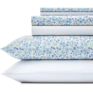 Laura Ashley Inlettstreifen, ultraweich Baumwollperkal-Bettwäsche-Set, frische und Coole Wohnkultur, Baumwolle Perkal, Jaynie Blau/Weiß, Queen