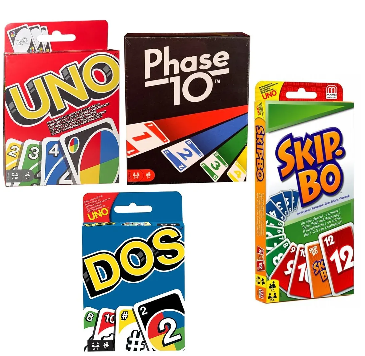 SPAR-SET 169882 - Mattel - 4er Set Kartenspiele: UNO, Skip Bo, Phase 10 und DOS