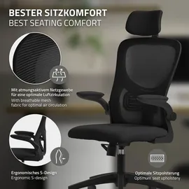 ML-Design Bürostuhl ergonomisch, Schwarz, Mesh, mit Verstellbarer Kopfstütze, Armlehnen, Lendenwirbelstütze, Wippfunktion,