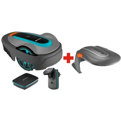 Rasenmähroboter GARDENA "»smart SILENO city« 400 m2 inkl. Garage", blau (türkis), B:56cm H:33cm T:79cm, Rasenmähroboter, mit KI Technologie, Silent Mode, ideal auch bei schmalste Passagen