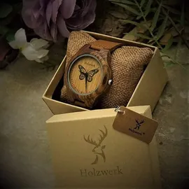 Holzwerk Germany Holzwerk MONARCH Damen Holz Leder Armband Uhr mit Schmetterling Muster, braun
