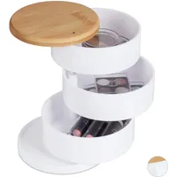 Relaxdays Make Up Organizer, rund, 3 drehbare Ebenen, für Kosmetik & Schmuck, Bambusdeckel, Kunststoff, Schminkbox, weiß