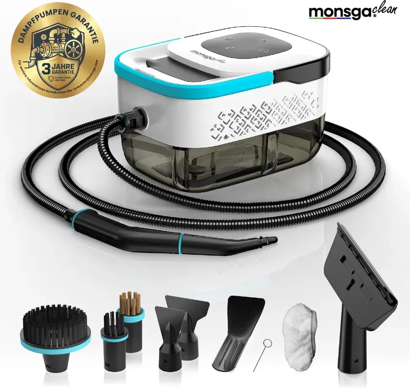 Monsga 1500W Dampfreiniger, 15s Schnellaufheizung & 3,5 Bar, 1,6L Tank (bis 120m2), Multifunktional inkl. Zubehör, Weiß