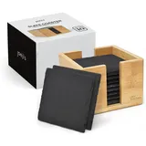 Joeji's Kitchen 10er Set Stein Untersetzer für Getränke mit Bambus Halter - Hitzebeständige und stylische Getränke - Vielseitige Schwarze Glasuntersetzer Schiefer für Getränke, Öl & Vasen