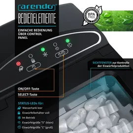 Arendo Eiswürfelmaschine elektrisch, 12-15 kg in 24 h, 1,8 Liter Eiswürfelbereiter, Eiswürfel in 7,5 - 8,5 min, Ice Cube Maker, 105 Watt, Schwarz