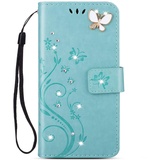 Herbests Kompatibel mit Huawei P20 Lite Handyhülle Ledertasche Leder Flip Case Glitzer Bling Strass Blumen Schmetterling Brieftasche Leder Handytasche Bookstyle Schutzhülle,Grün