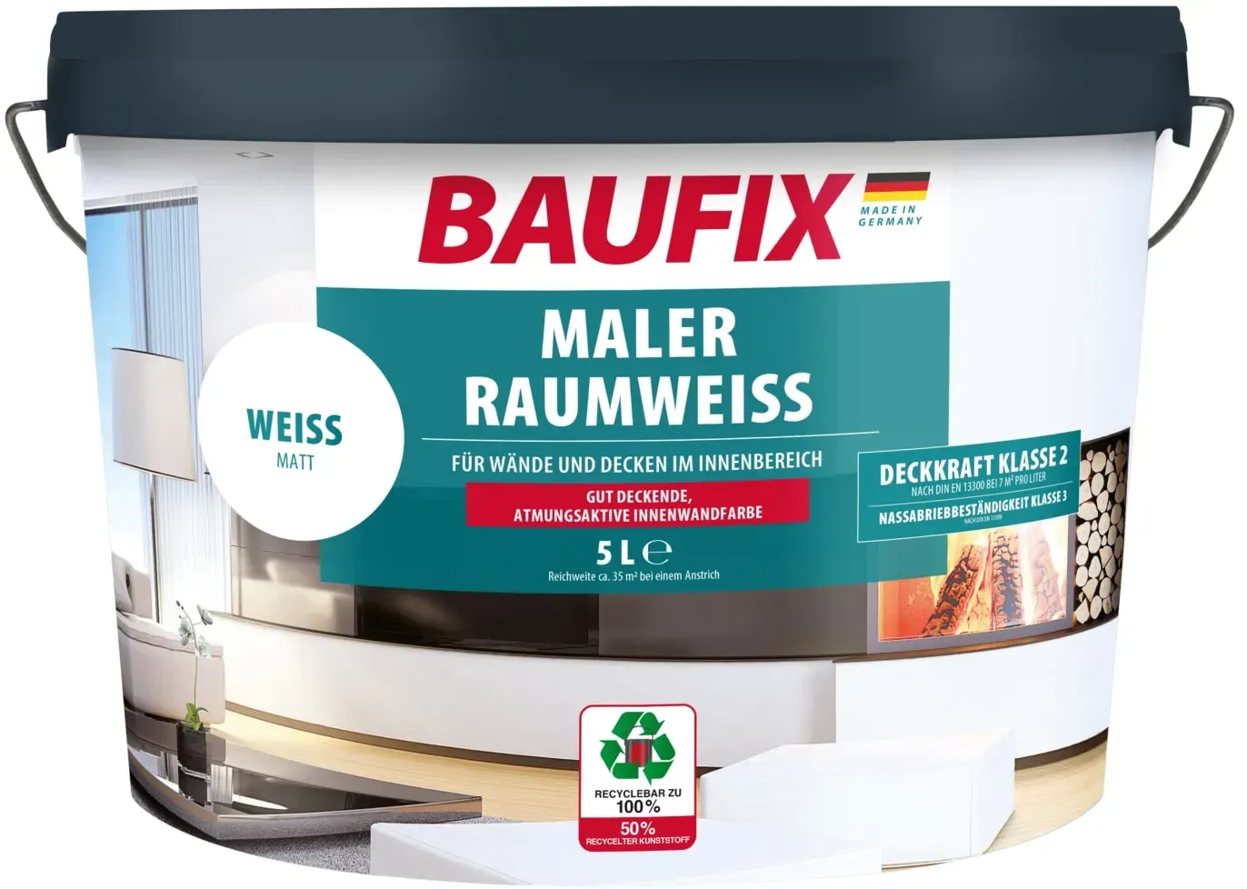 BAUFIX Maler-Raumweiß weiss matt, 5 Liter, Weiße Wandfarbe