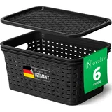 Novaliv 6er Set Aufbewahrungsboxen mit Deckel Mini 2L Korb Schwarz in Rattan Design Lebensmittelecht Aufbewahrungskorb Stapelboxen Nestbar Kunststo...