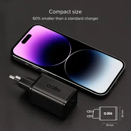 SBS USB-C Ladegerät GaN, kompakt und leistungsstark, EU-Stecker, ideal für Android-Smartphones, iPhone, Tablets, MacBook