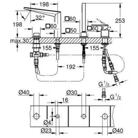 Grohe Allure Brilliant Private Collection 4-Loch Einhand-Wannenbatterie, Ausladung 198mm, Wannenrandmontage, Griff mit White Attica Ceasarstone, Chrom