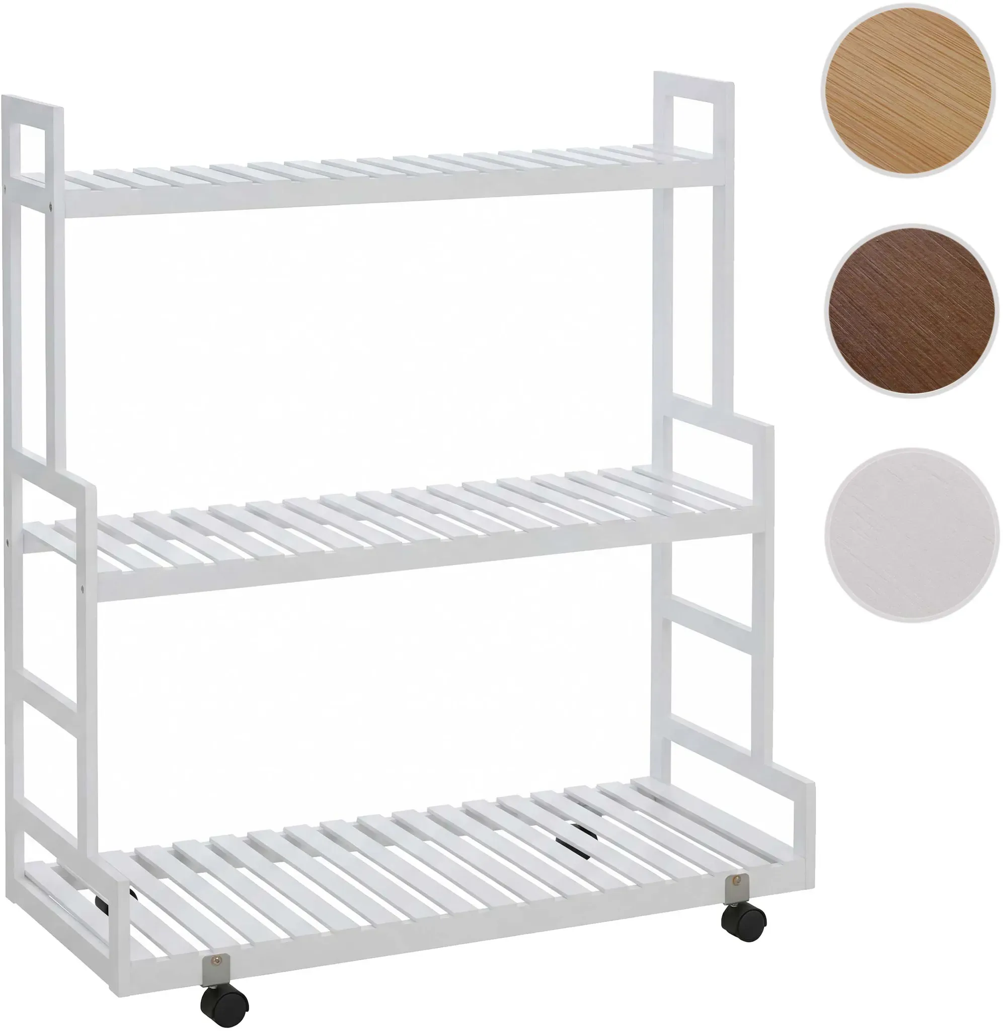 Bambus Pflanzenregal HWC-Q33, Blumentreppe Blumenständer Pflanzentreppe, 3 Ablagen Rollen 105x90x38cm ~ weiß