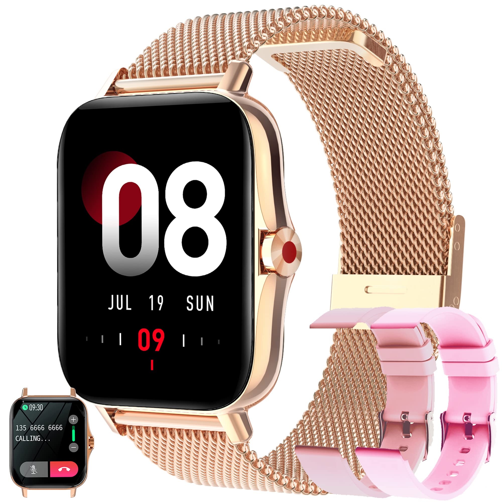 LWEARKD Smartwatch Damen mit Telefonfunktion, 1,69 Fitnessuhr Damen, Fitness Tracker Uhr mit Menstruationszyklus, Herzfrequenz, SpO2, Schlafmonitor, Schrittzähler, Armbanduhr für Android iO (Gold)