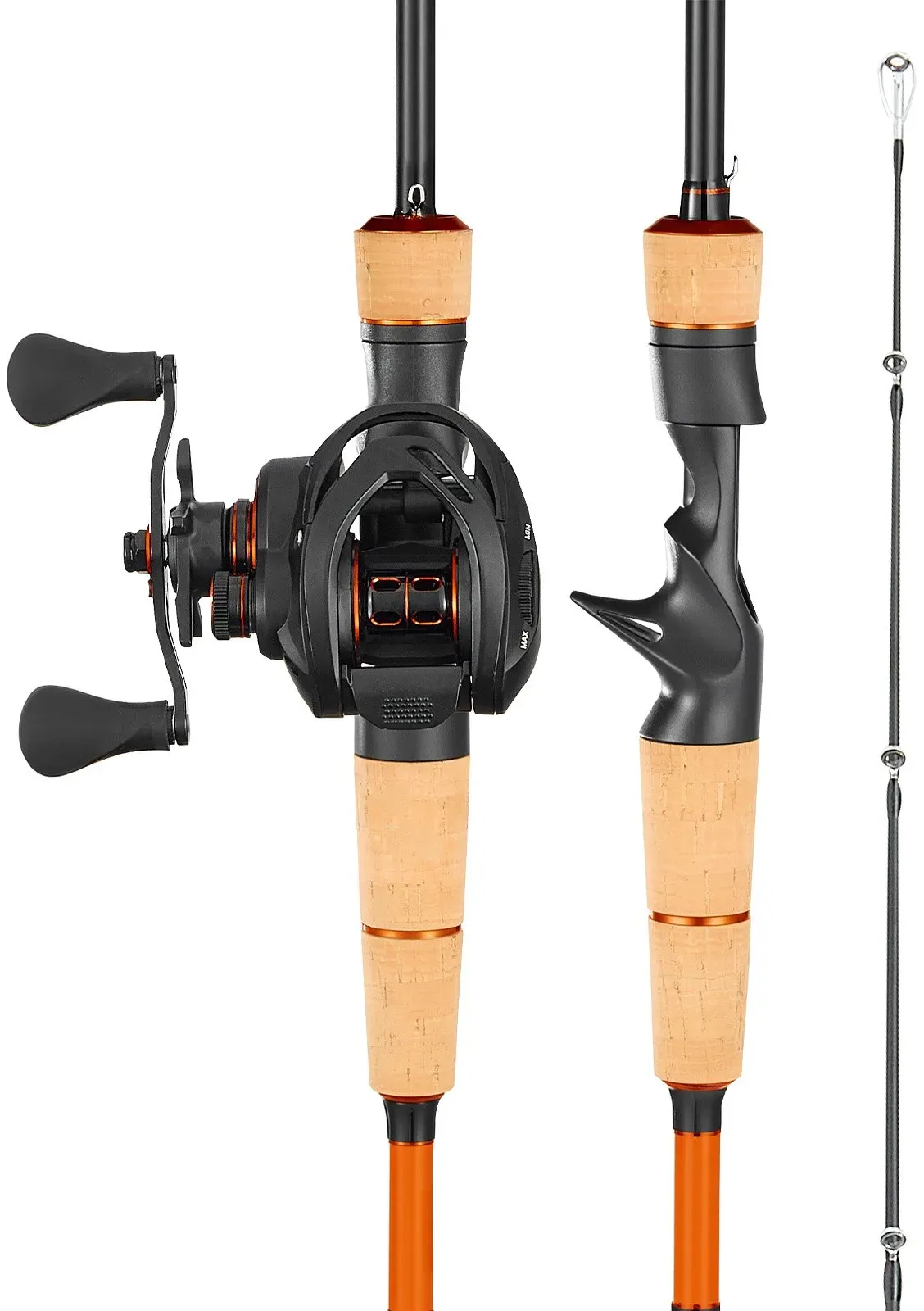 VEVOR Angelrute und Angelrolle (Baitcasting) im Set, 2 m Rute aus Kohlefaser (IM7), Bassangelruten-Set mit 6+1 Kugellagern & Übersetzung 7,0:1 & Korkgriff, linkshändiges Angelset