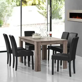 [en.casa] Esstisch Eiche antik mit 6 Stühlen schwarz Kunstleder gepolstert 140x90 Essgruppe Esszimmer - Schwarz
