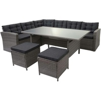 Mendler Poly-Rattan-Garnitur HWC-A29, Gartengarnitur Sitzgruppe Lounge-Esstisch-Set Sofa ~ grau, Kissen grau + 2x Hocker