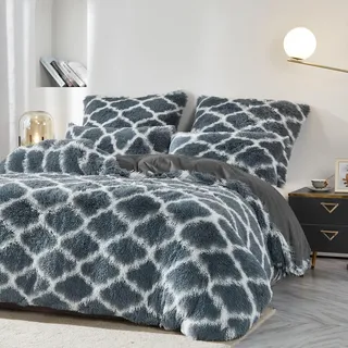 Winter Biber Plüsch Bettwäsche 135x200 Blau Grau Weiß Warm Flauschige Cashmere Touch Fleece Bettwäsche fürs Bett Winterbettwäsche 135x200 Extra Warm 2 Teilig Set Microfaser Reißverschluss Bettbezug