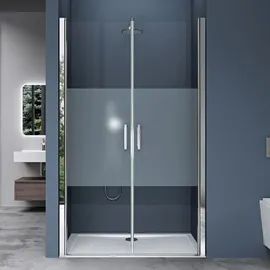 SoGood doporro Duschtür Nischentür dusche Duschabtrennung Duschkabine 85cm Nischendrehtür 195cm ESG-Sicherheitsglas mit Milchglas-Streifen Drehtür mit... Hebe- und Senkmechanismus Teramo24MS