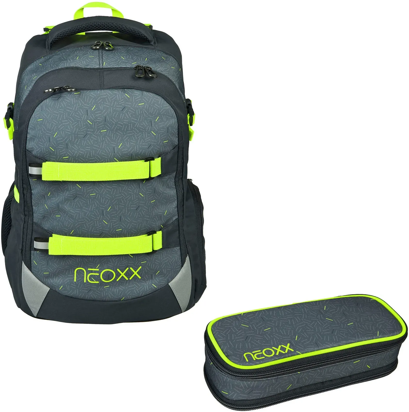 Schulrucksack NEOXX "BOOM Rucksack & Schlamperbox" Gr. B/H/T: 31cm x 45,5cm x 24cm, grau (neoxx) Kinder Rucksäcke aus recycelten PET-Flaschen