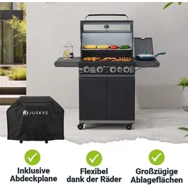 Juskys BBQ Gasgrill Savannah - 4 Brenner & 1 Seitenbrenner - Stahl Grill mit Gusseisen Grillrost,