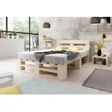 Lermowood Palettenbett M2 aus Holz 140 x 200 cm Natur mit Kopfteil Holzbett 30cm Stabiles Seniorenbett Kinderbett Jugendbett Gästebett erhöhtes Einzelbett Bettgestell Futonbett Komforthöhe Naturholz