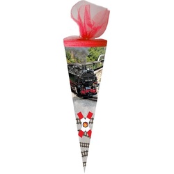 Nestler Schultüte Dampfeisenbahn, 50 cm, rund, mit rotem Tüllverschluss, Zuckertüte für Schulanfang rot