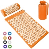 BULZEU Akupressurmatte mit Kissen,Akupressur Set gegen Nacken und Rückenschmerzen,Akupunkturmatte Acupressure Mat Massagematte zur Wohltuenden Entspannung und Massage,mit 8 Massagebälle(Orange)