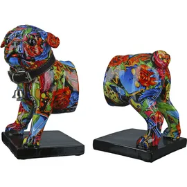 Casablanca modernes Design Casablanca Deko 1 Paar Buchstützen CD Ständer - Tierfigur Mops Hundefigur mit Halsband Glocke - Design: Street Art Graffiti Rosen - Mehrfarbig Gesamtlänge 22,5 cm