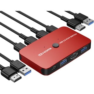 ABLEWE KVM Switch, Aluminium KVM Switch HDMI, USB-Switch für 2 Computer, zum Teilen von Maus, unterstützt 4K @ 60Hz, 2 HDMI-Kabel und 2 USB-Kabel im Lieferumfang enthalten (rot)