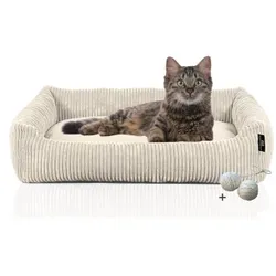 Rohrschneider ® Katzenbett waschbar mit Gratis-Beigabe, robuster Breit-Cordstoff beige