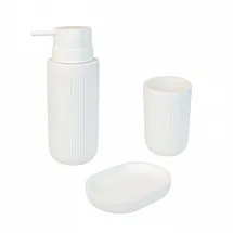 Relaxdays Bad Accessoires, 3-teilig, Seifenschale, Seifenspender, Zahnputzbecher, Polyresin, Bad Zubehör Set, weiß