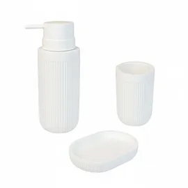 Relaxdays Bad Accessoires, 3-teilig, Seifenschale, Seifenspender, Zahnputzbecher, Polyresin, Bad Zubehör Set, weiß
