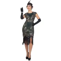 Karneval-Klamotten Kostüm 20er Jahre Charleston Kostüm Damen hochwertig grün, Flapper Gangsterbraut Frauenkostüm 1920 1930 Kleid Great Gatsby Outfit grün|schwarz 46