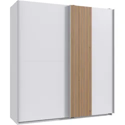 Schwebetürenschrank WIMEX "Lüneburg", weiß (weiß, absetzung akustiklamellen nachbildung artisan eiche nachbildung), B:180cm H:198cm T:65cm, Spanplatte, Schränke, mit Akustiklamellen Optik, 180cm breit