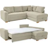 luma-home Dauerschlaf-Ecksofa Boxspring Federkern-Couch Topper Bettkasten, Cord Beige Grau / 15212